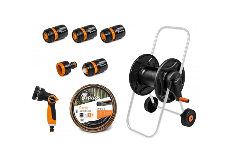 Chariot enrouleur avec tuyau d'arrosage 1/2" et pistolet d'arrosage Bradas BLACK LINE ECO-AG26020SET1