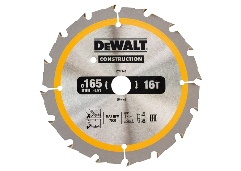 Lame de scie circulaire 165x20mm 16T DeWalt DT1948-QZ